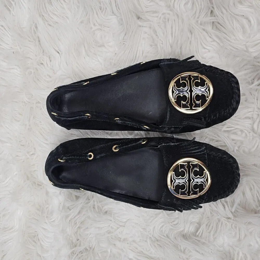 Tory Burch Alexandra Black Suede Leather Moccasins Logo Medallion Size 8 M